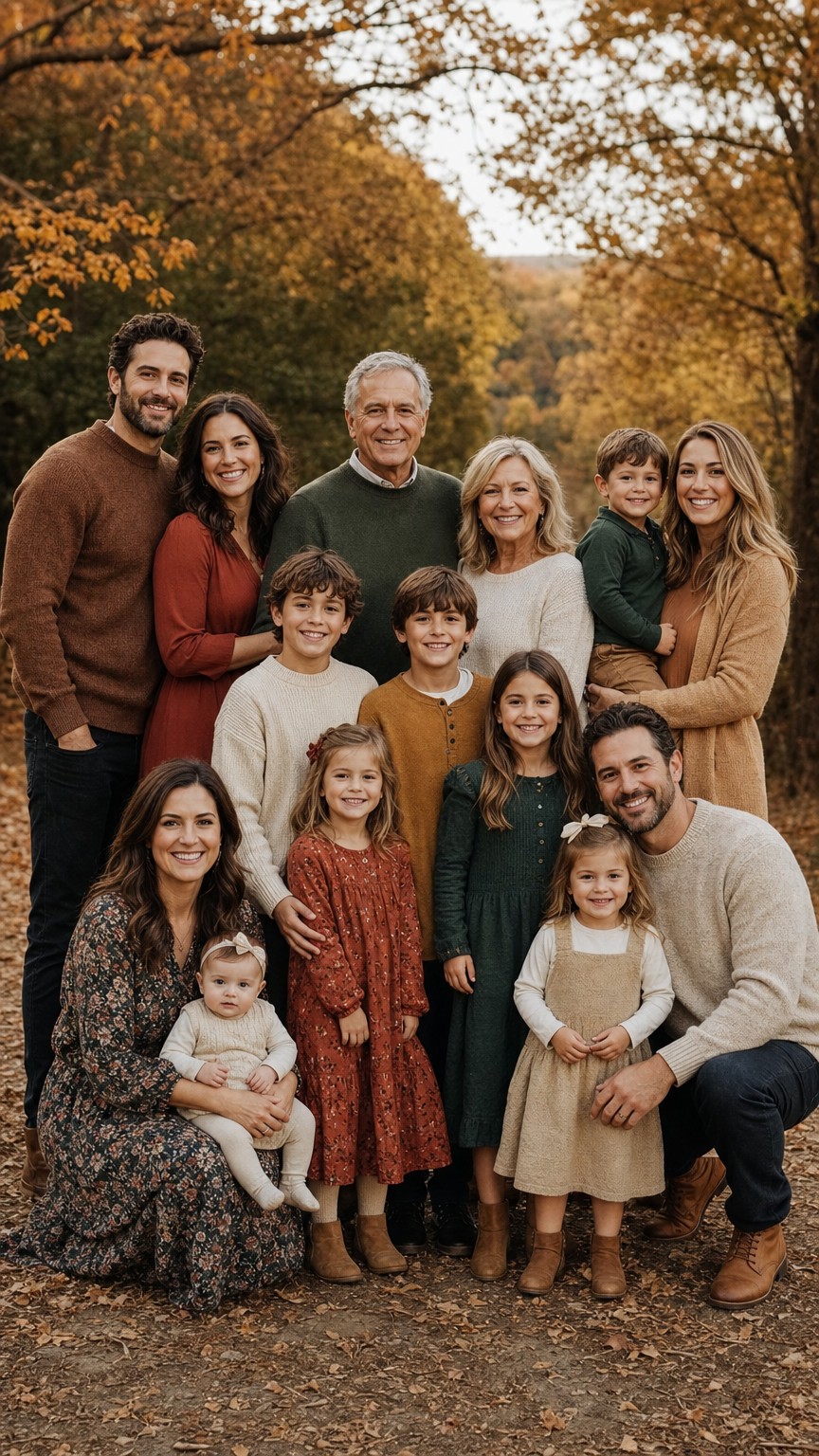 Extended family group in coordinated fall outfits across a warm three color palette outdoors