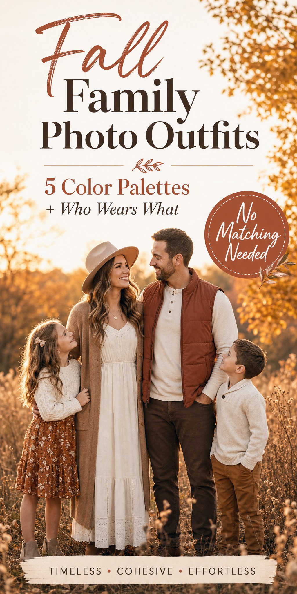 Family of four in coordinated rust, camel and cream fall outfits in a golden autumn field