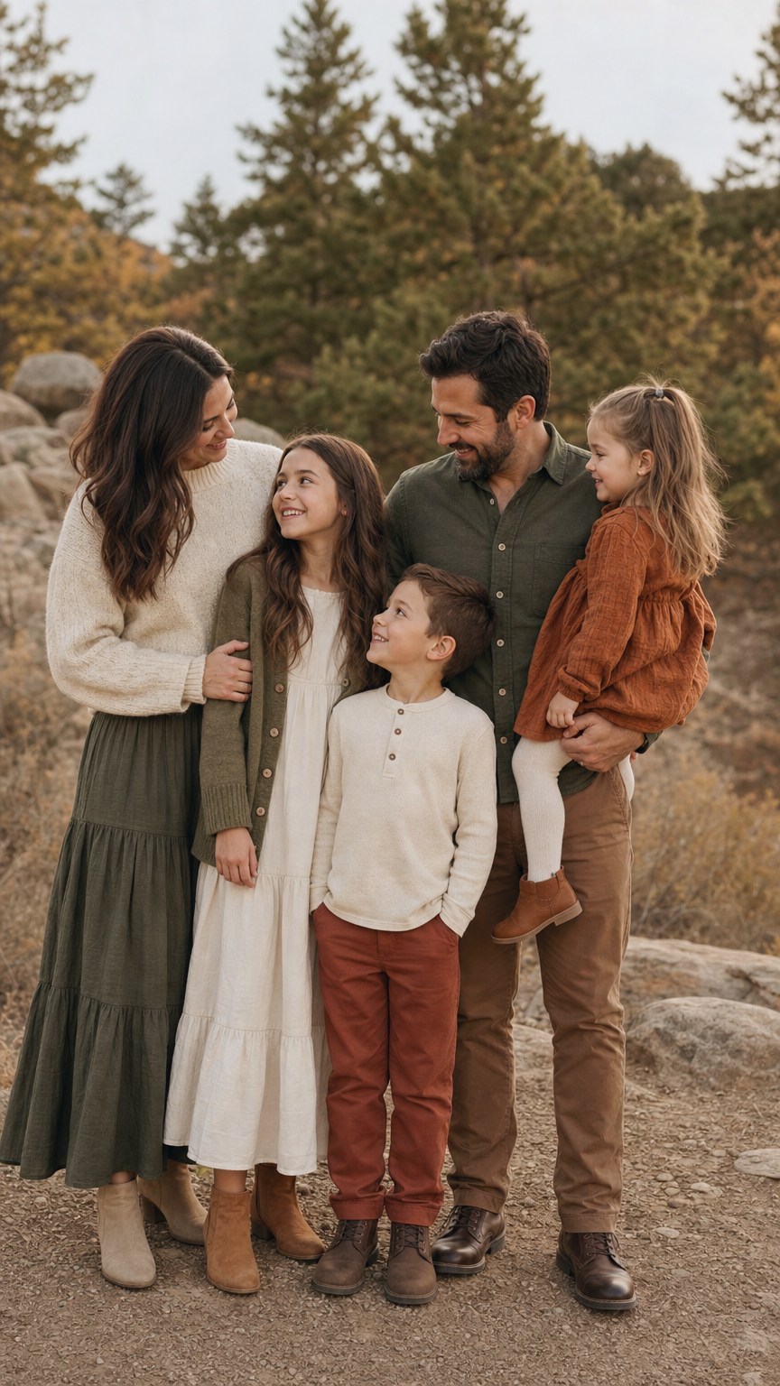 Family of five in coordinated cream, olive, and rust outfits with mixed textures outdoors