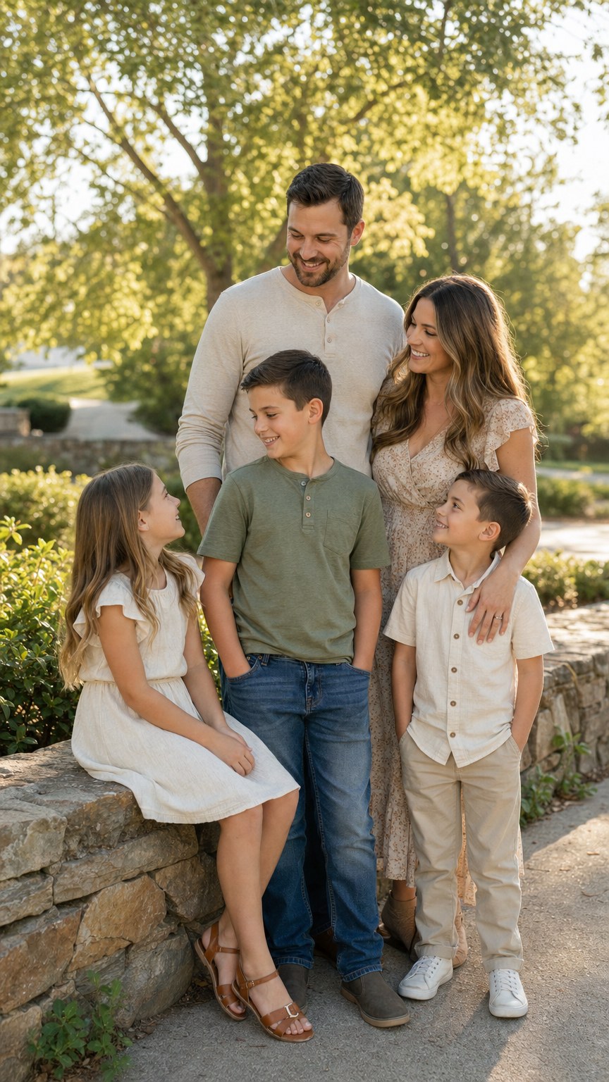 Family of five arranged in a staggered triangle pose with varied heights in a sunlit park
