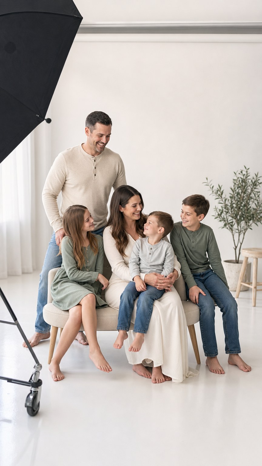 Family of five posed in a bright minimal studio with visible softbox lighting