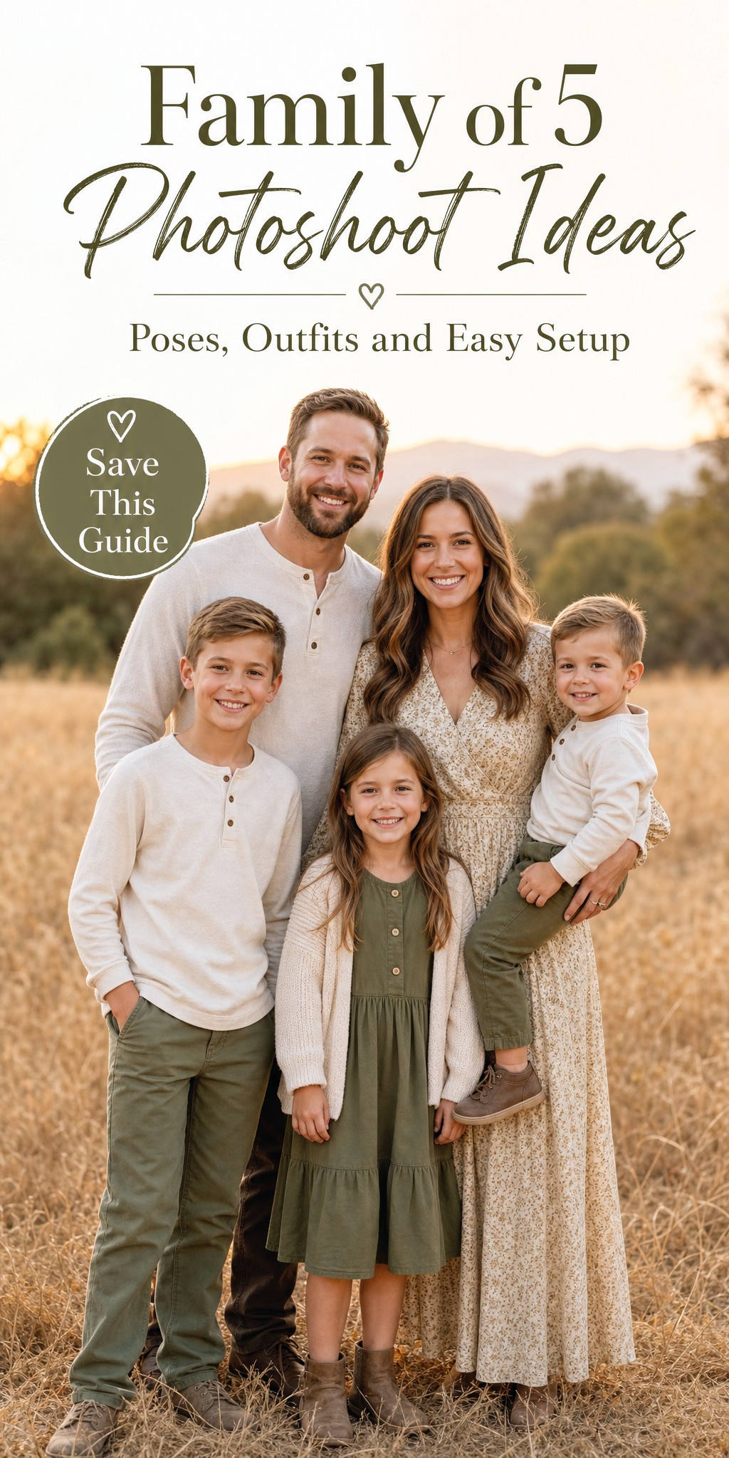 Family of five posing outdoors at golden hour in coordinated outfits, family of 5 photoshoot ideas
