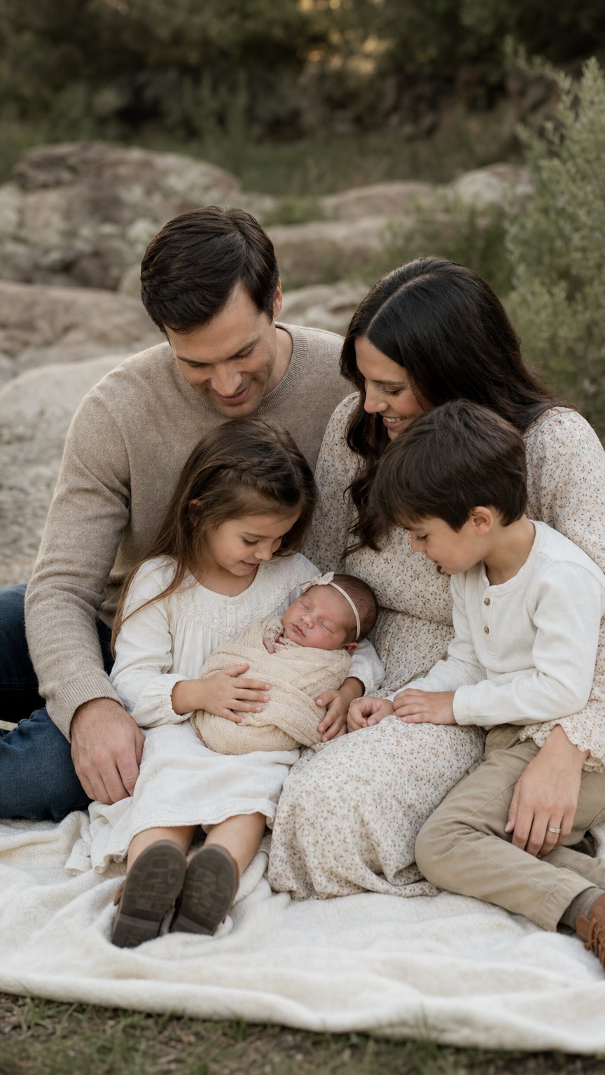 Family of five seated on a blanket outdoors with an older sibling holding a newborn