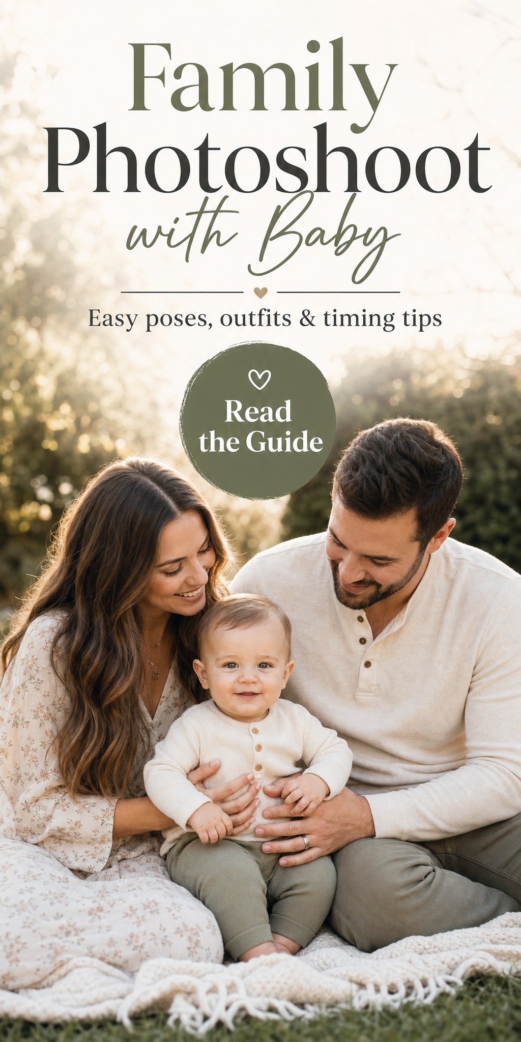 Parents and baby sitting together outdoors at golden hour, family photoshoot with baby guide