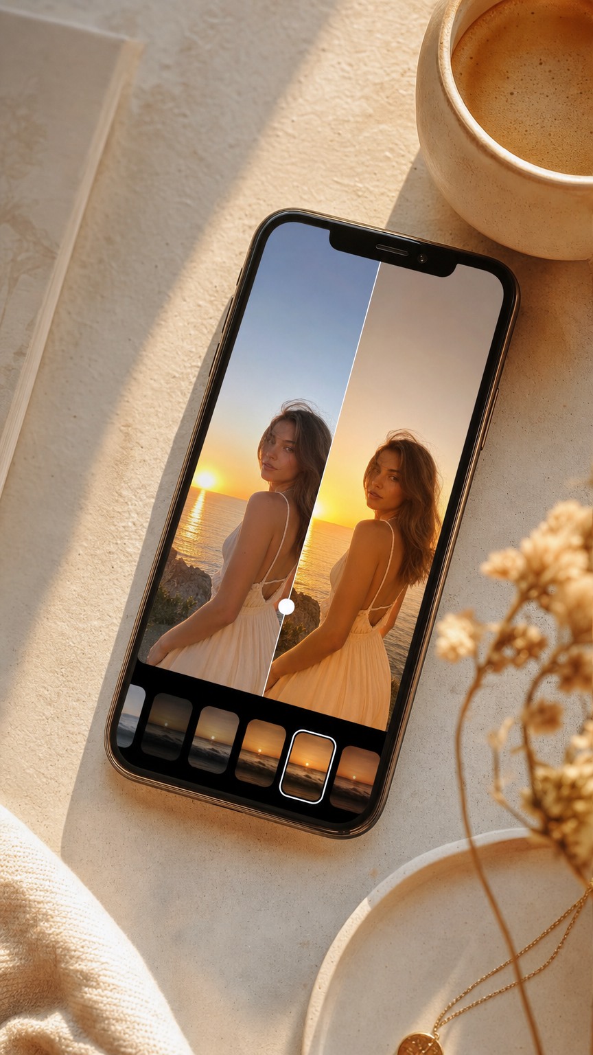 iPhone showing a warm golden hour filter applied to a sunset portrait on a light desk