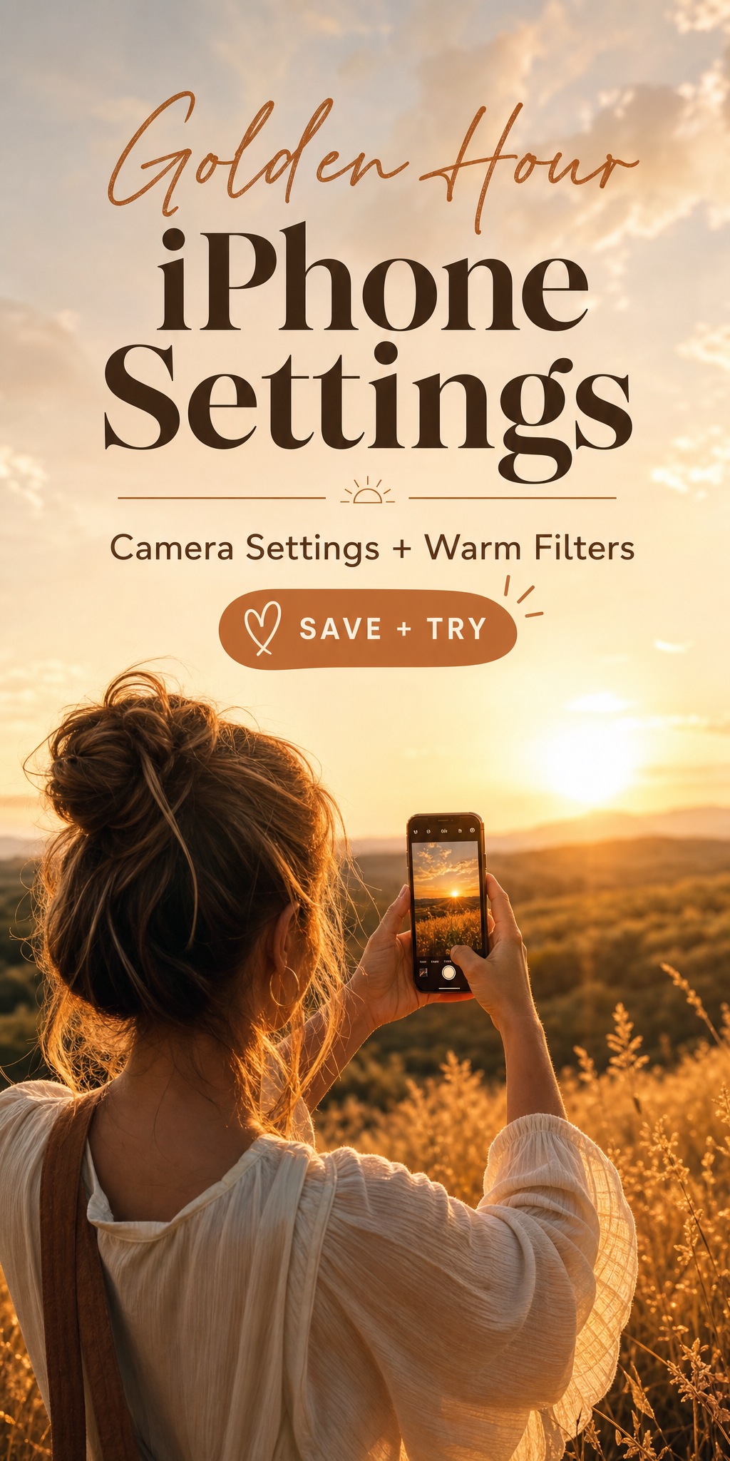Woman shooting a backlit sunset on iPhone in a golden field, golden hour iPhone settings guide
