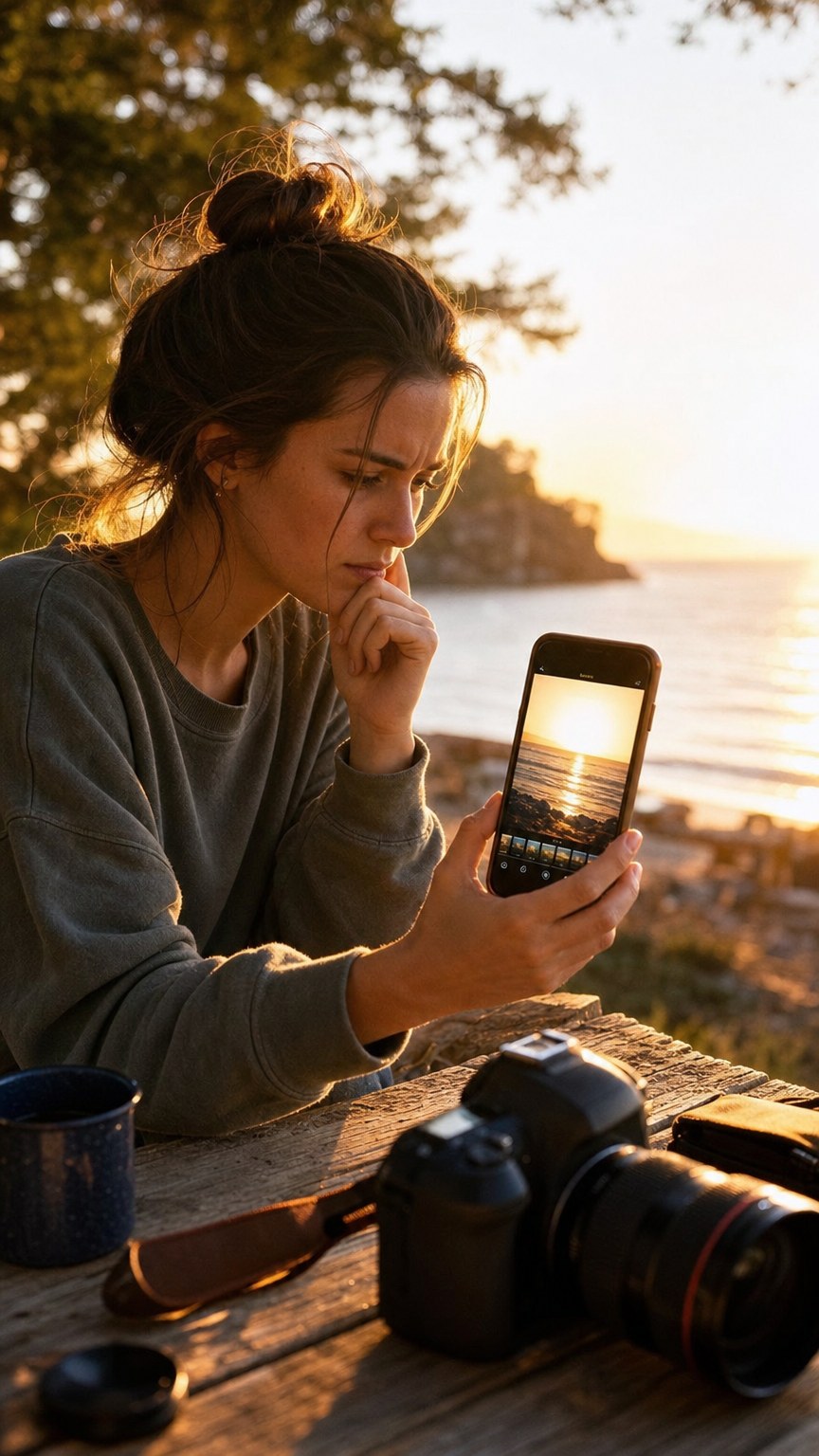 Person reviewing an overexposed sunset shot on iPhone during golden hour