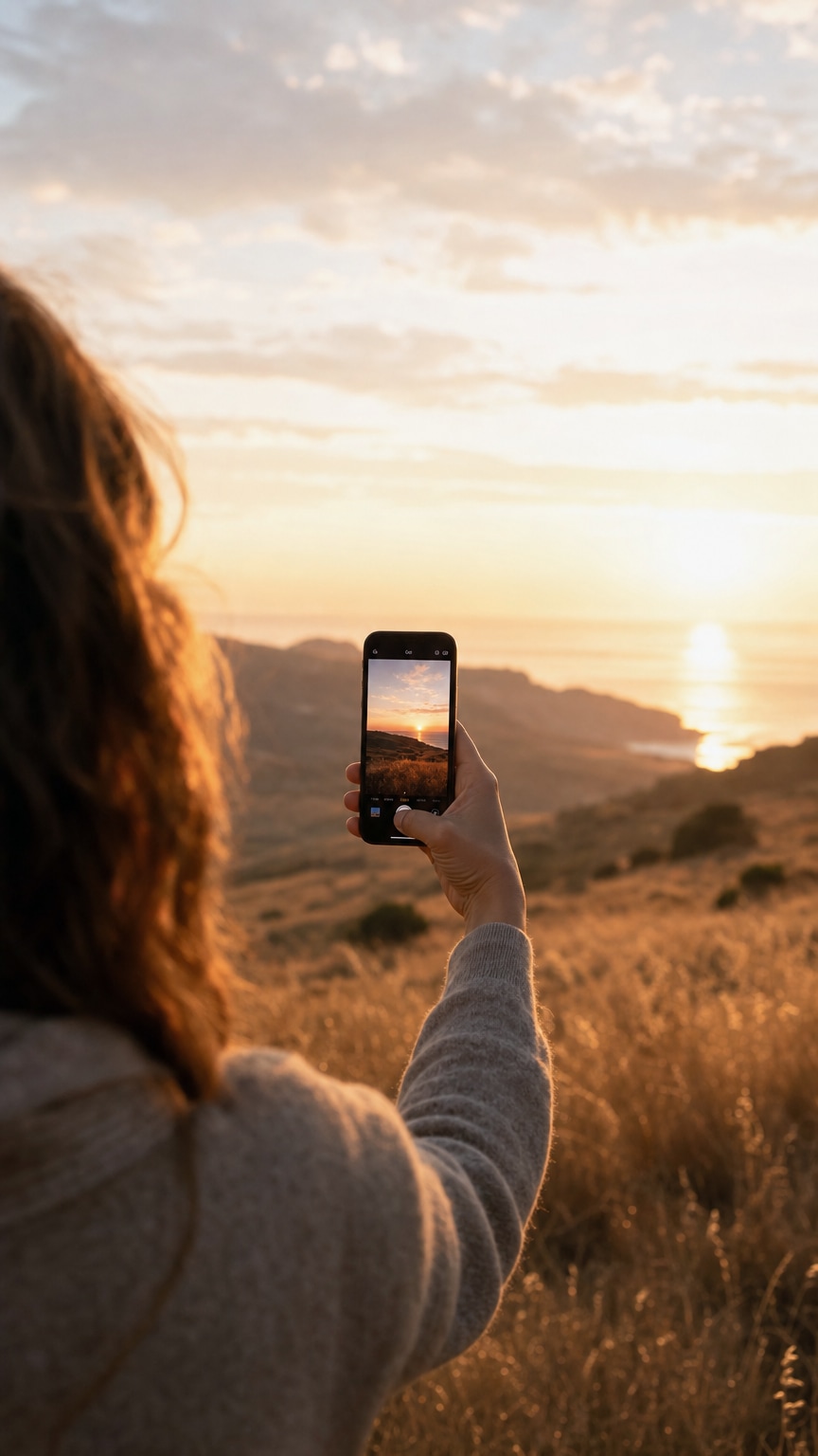 Person aiming an iPhone at a low golden sun with long soft shadows across a field
