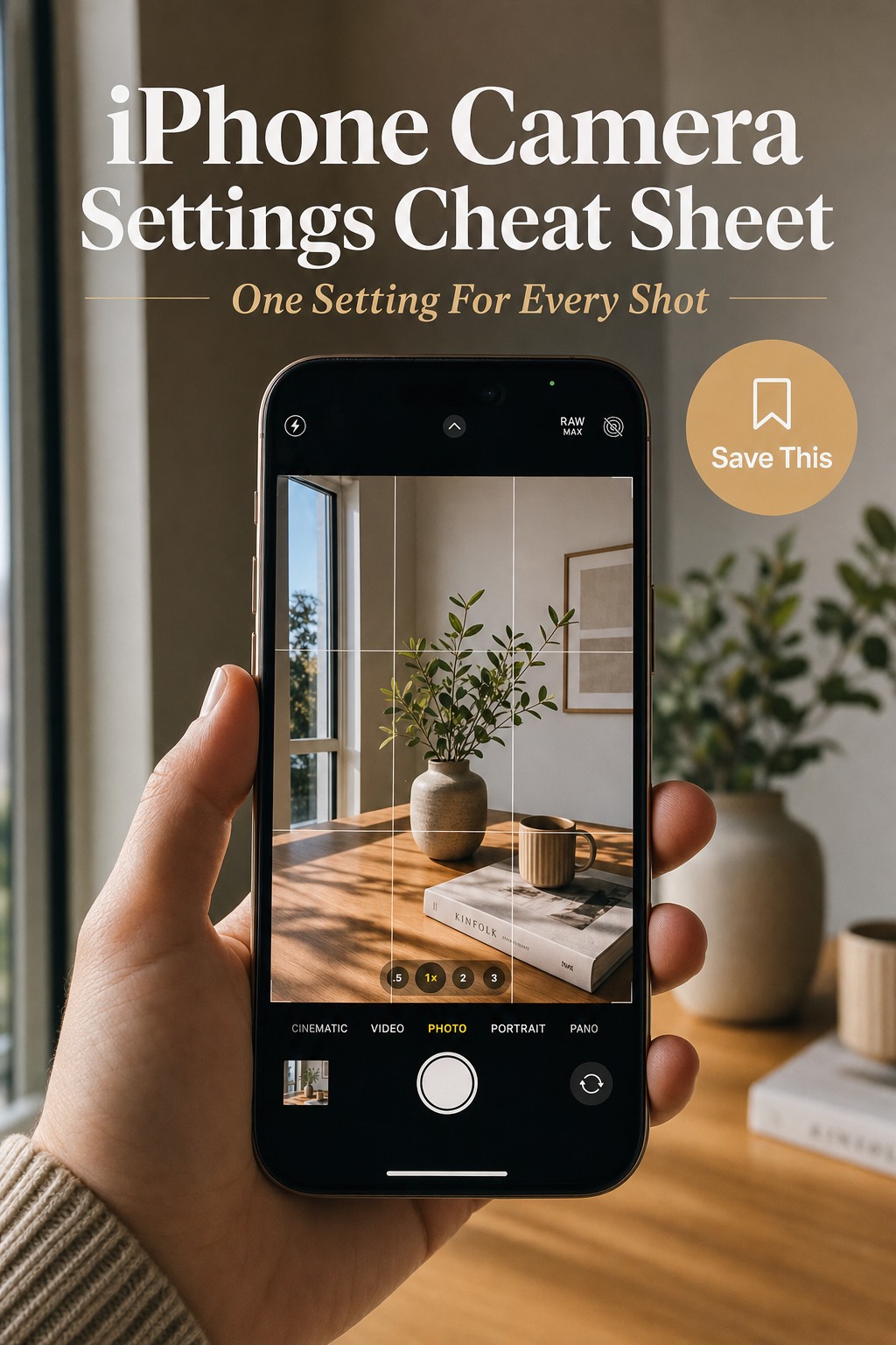 Hand holding iPhone with camera grid on screen, iPhone camera settings cheat sheet overlay