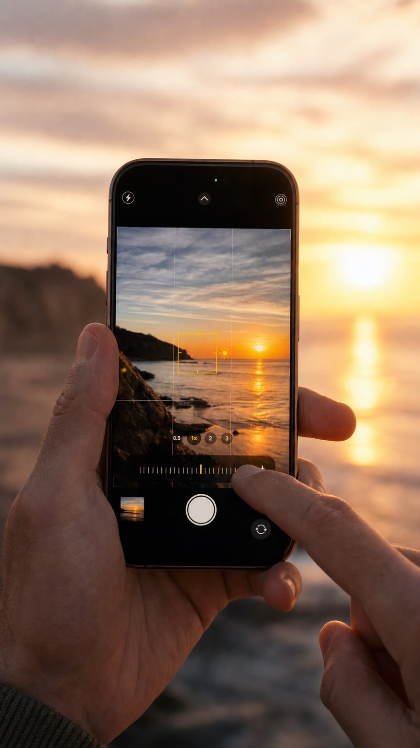 Hands adjusting iPhone camera exposure and focus during a warm golden hour shoot