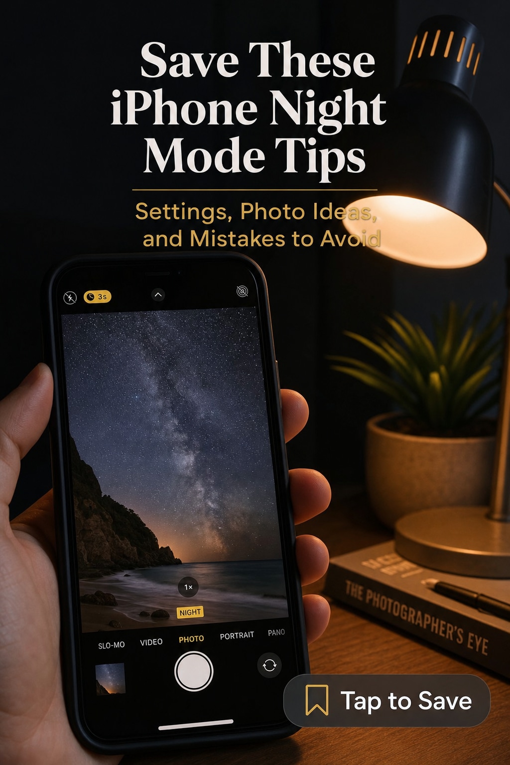 Phone screen displaying a starry night sky photo taken with iPhone night mode