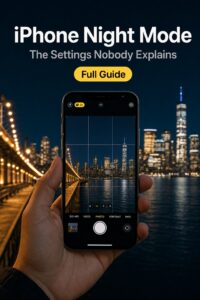 iPhone screen showing the yellow night mode icon while capturing a city skyline