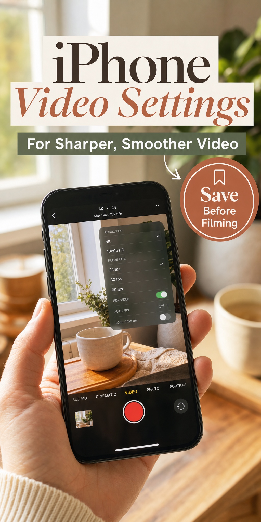 Hand holding iPhone in video mode with camera settings visible, iphone video settings guide