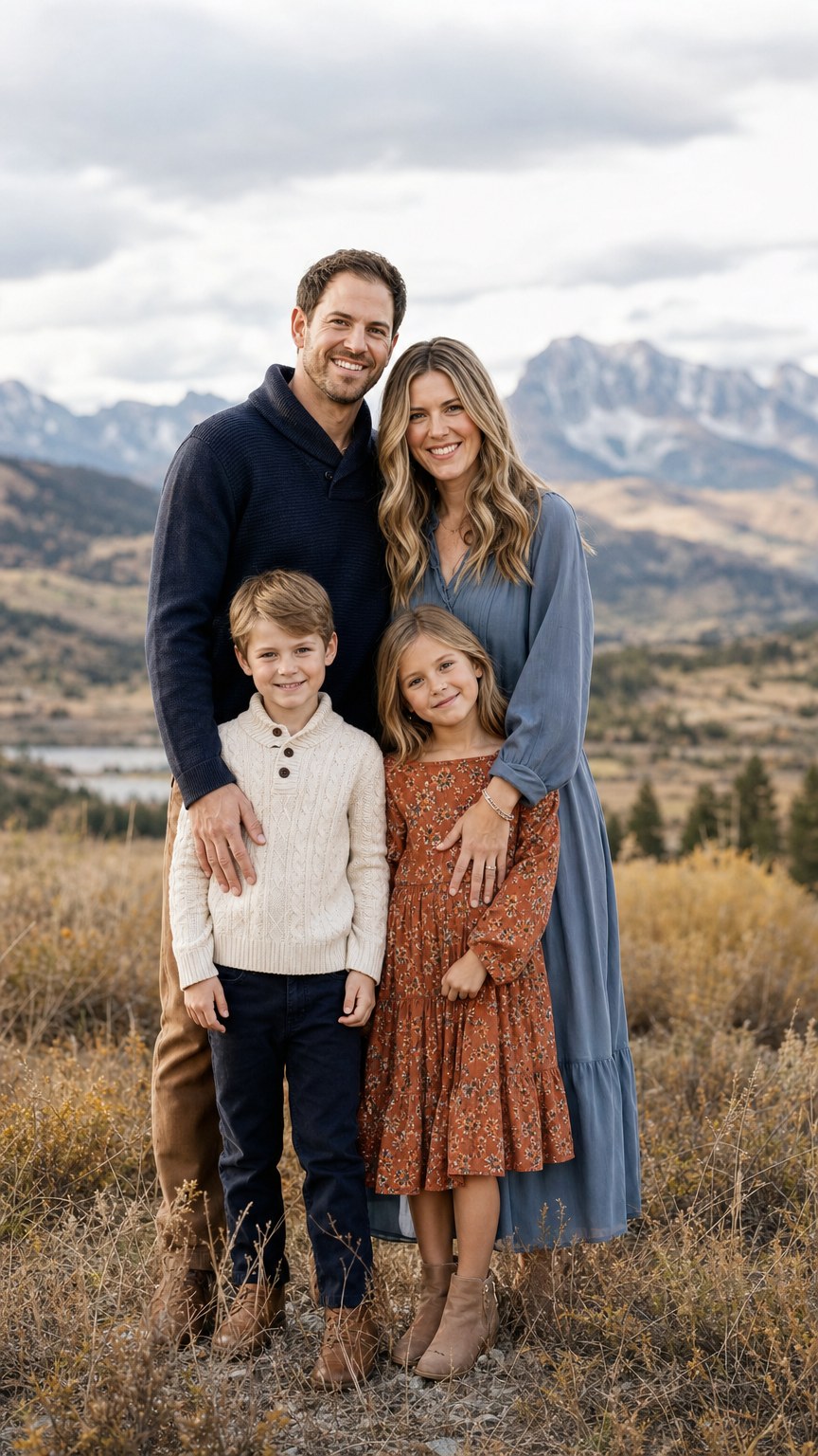 Family in navy and dusty blue fall outfits with rust and cream against an open sky