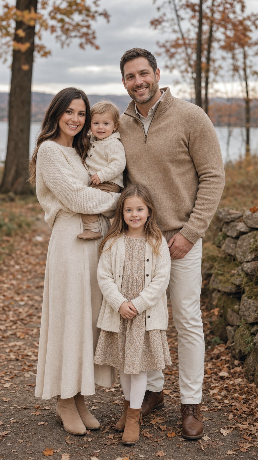 Family in neutral fall outfits, cream, camel and oatmeal knits in soft autumn light