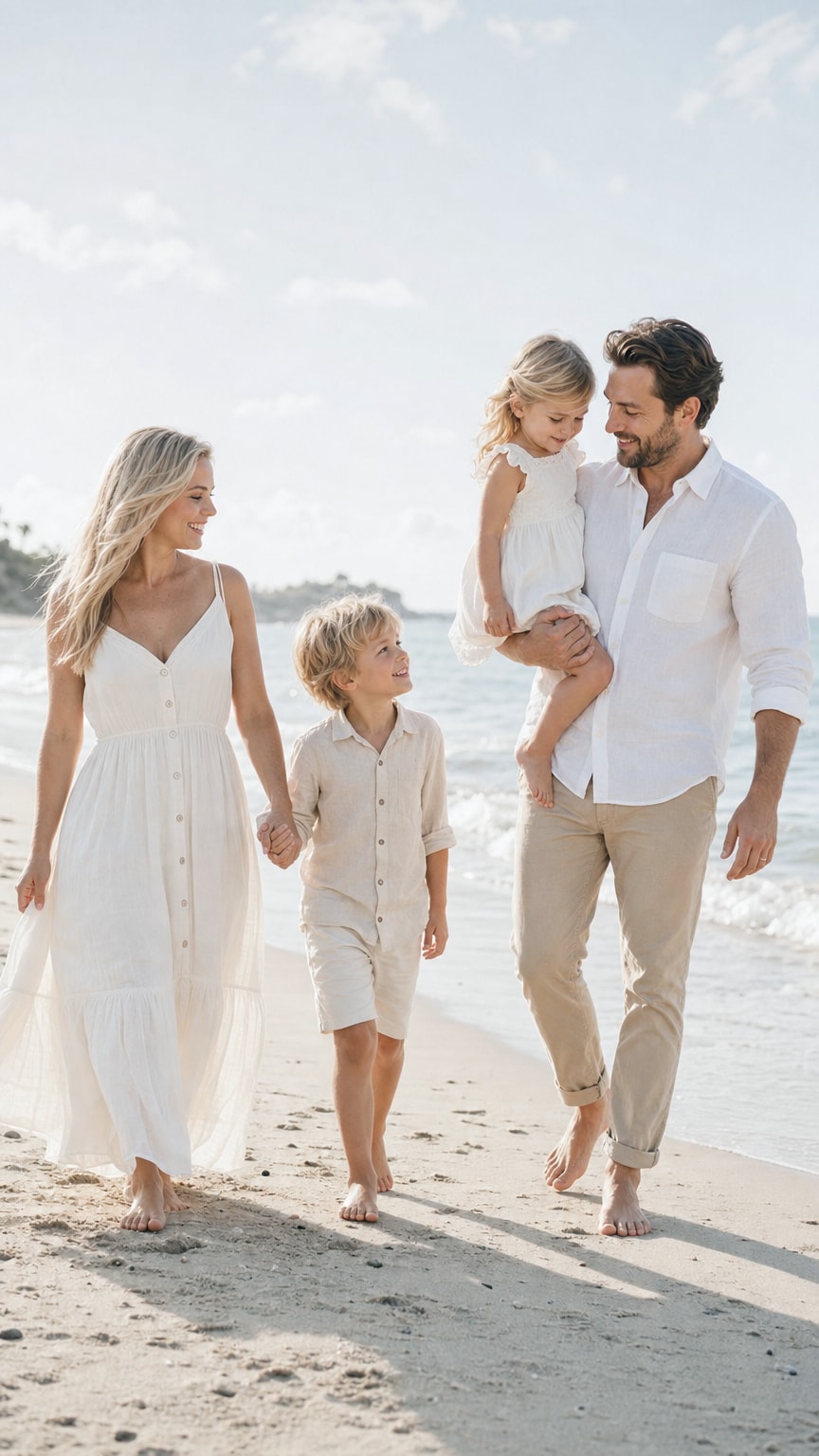 Family of four in white linen, cream and tan outfits walking along a sandy beach