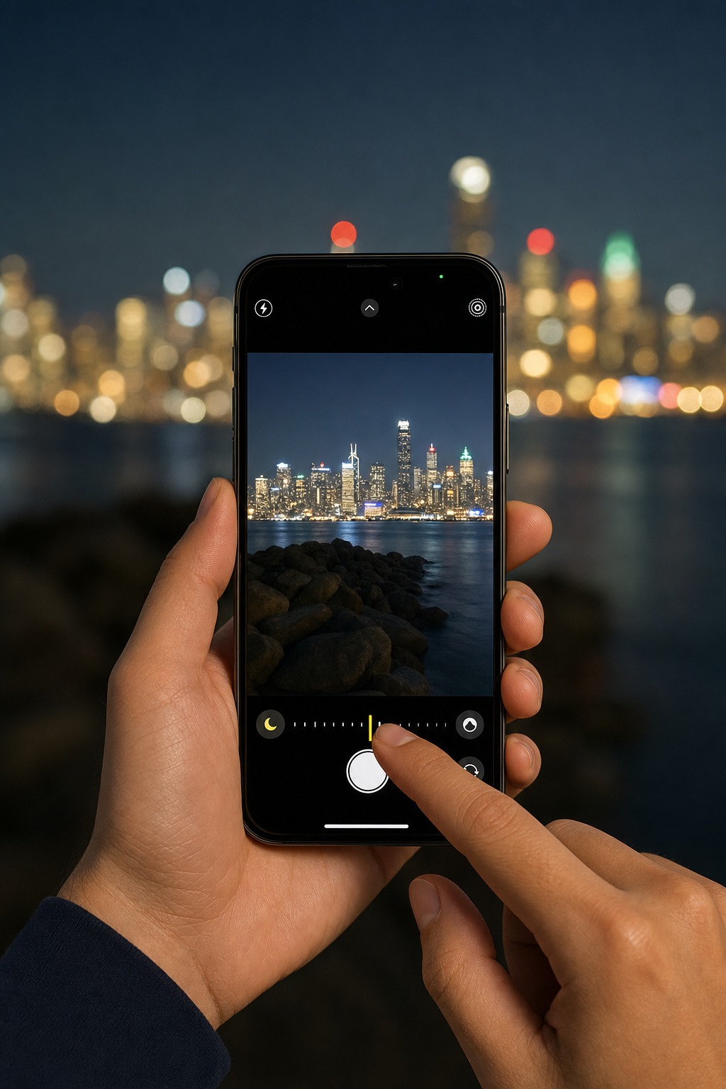 Hands adjusting the iPhone night mode exposure slider before taking a photo