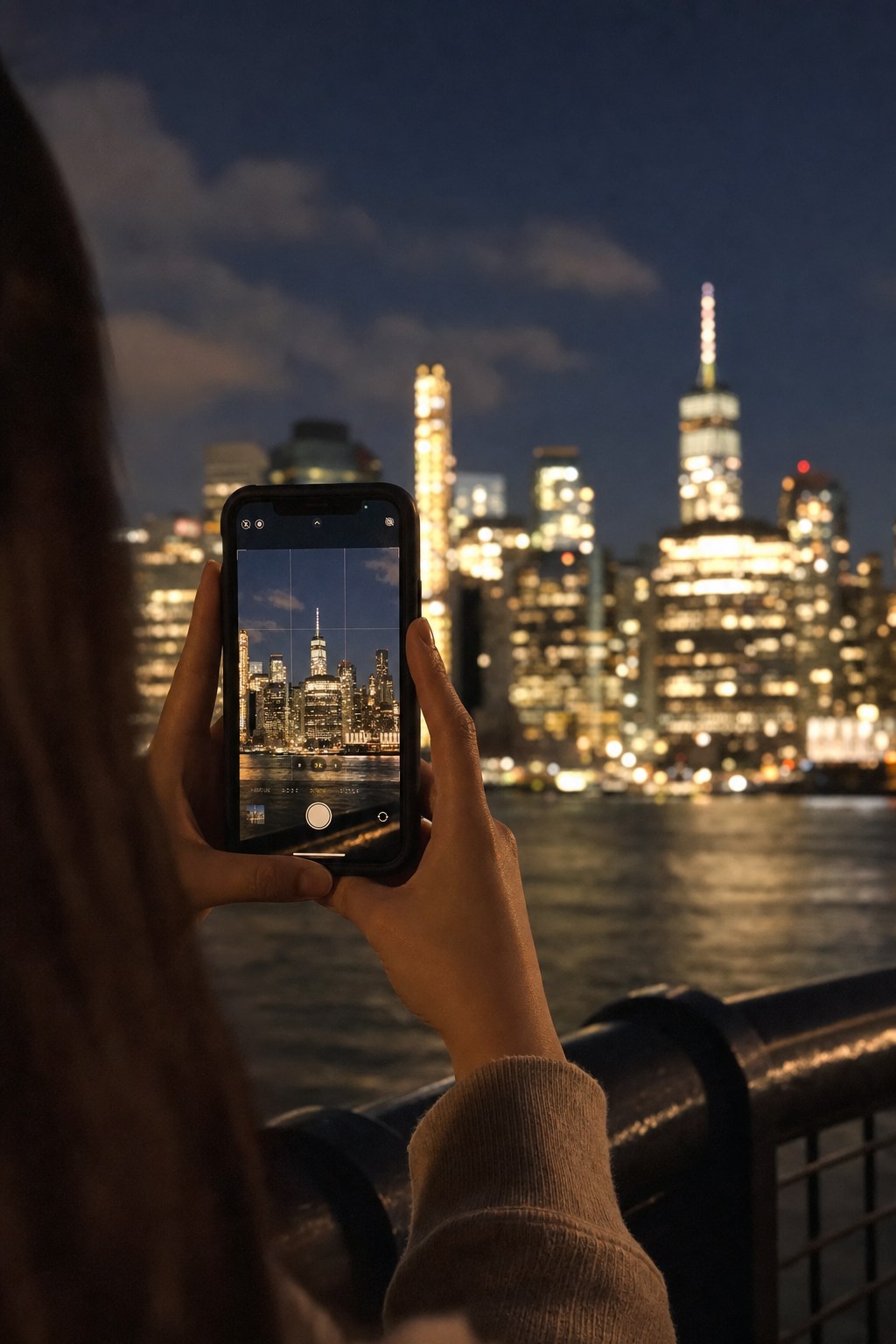 City skyline at night captured with iPhone night mode, glowing lights and skyline