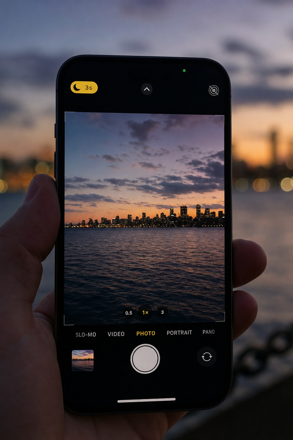 Close up of iPhone camera screen showing the yellow night mode icon active