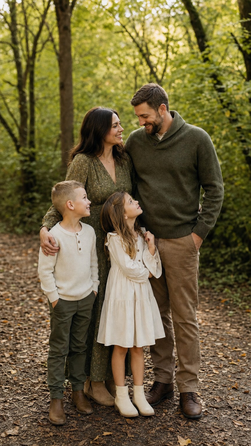Family in olive and sage green fall outfits with cream and brown in a wooded setting
