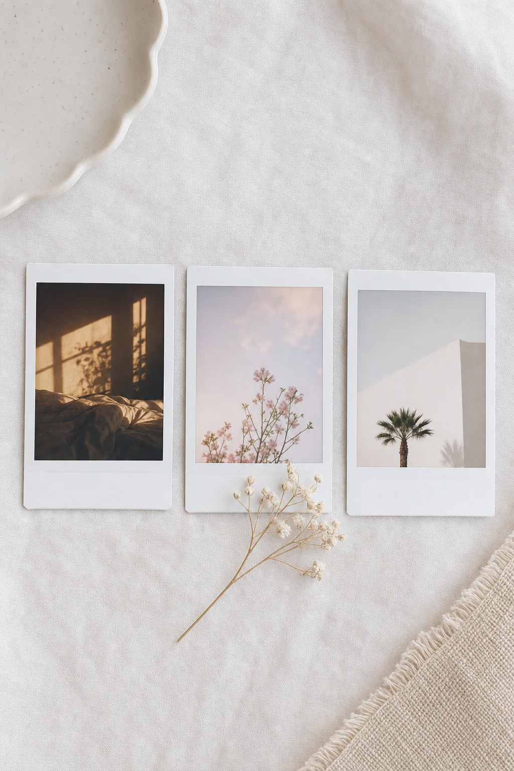 Three styled polaroid pictures showing vintage, pastel, and minimal aesthetic looks