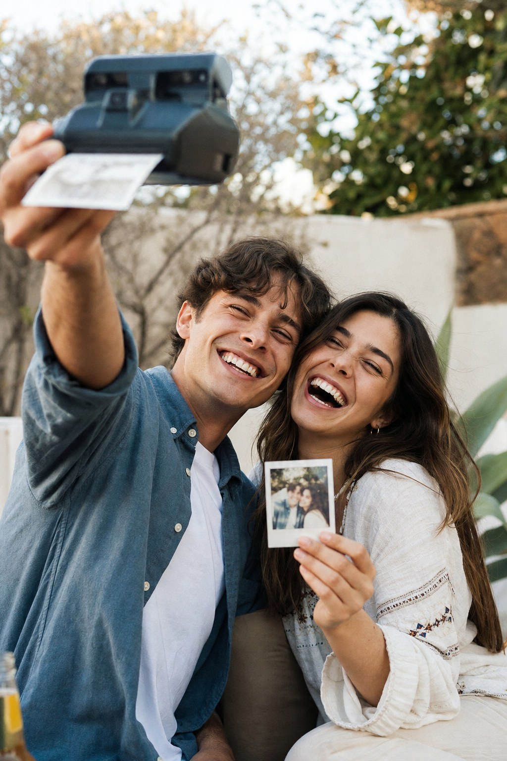 Two friends laughing while taking a candid couple polaroid picture outdoors