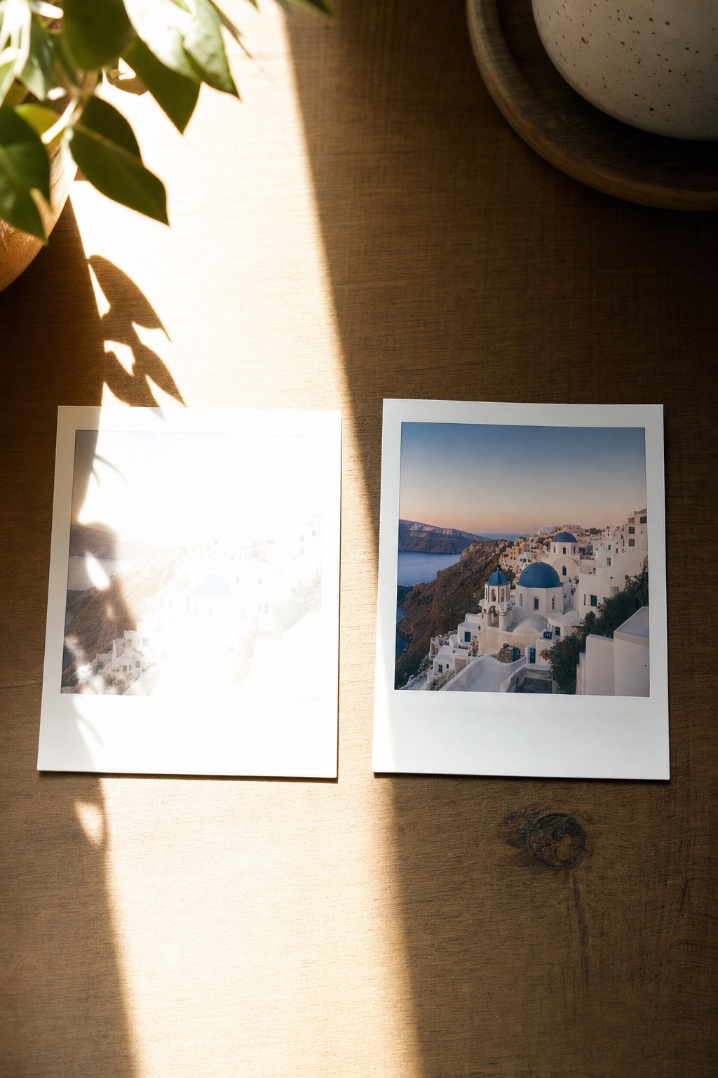 Side by side polaroid pictures comparing harsh sunlight to soft even lighting