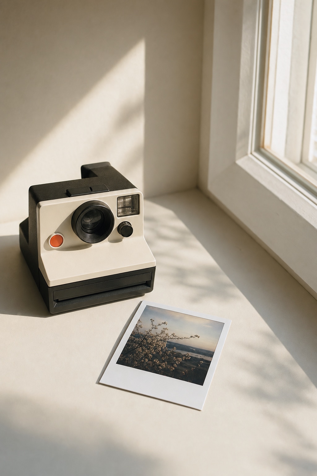 Polaroid camera and instant photo styled near soft window light on a plain background