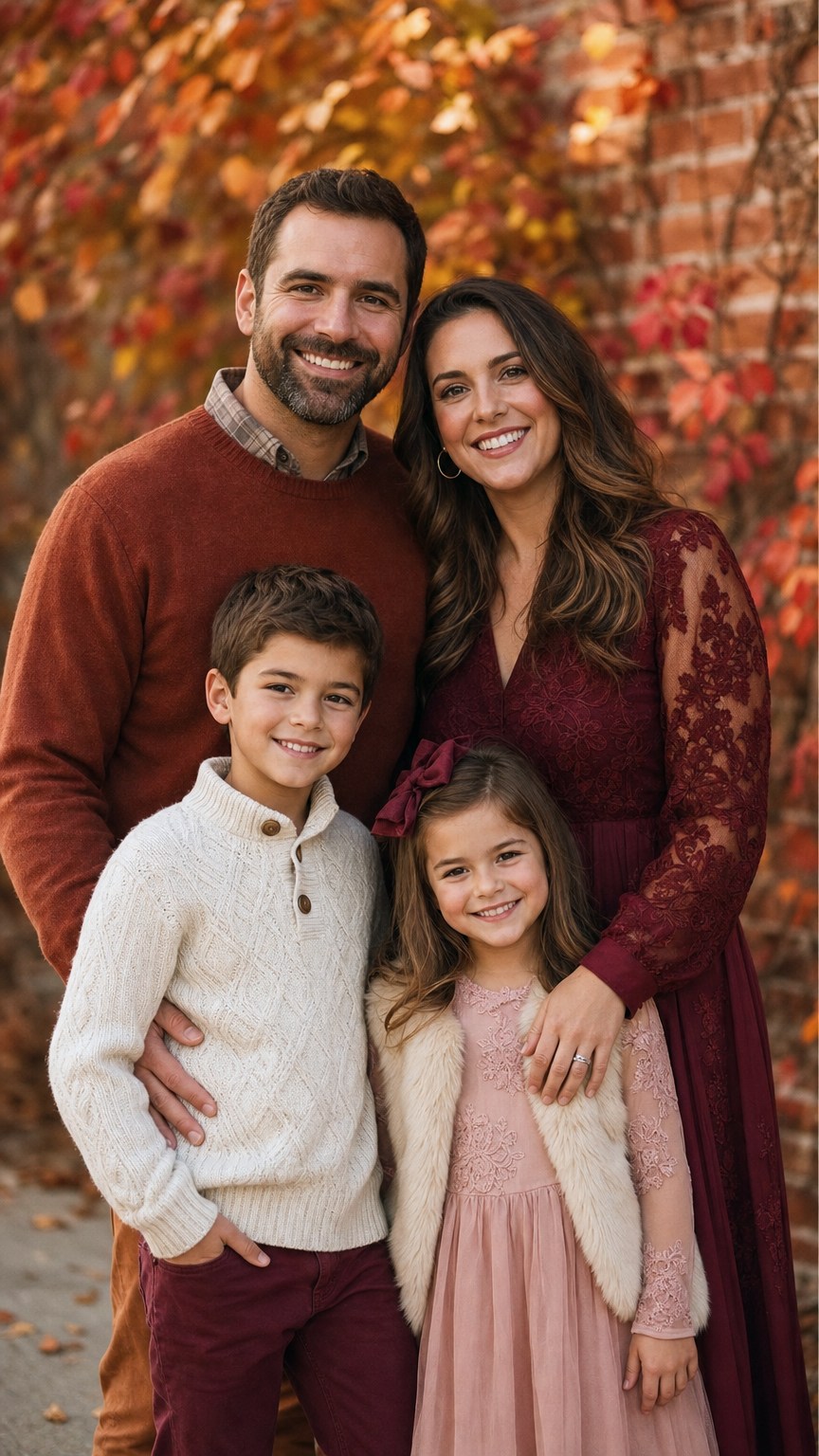 Family in rust and burgundy fall outfits with blush and cream at peak foliage