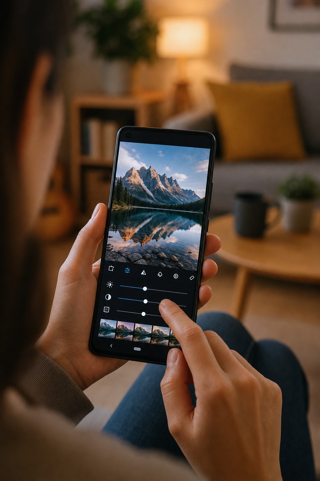 Close view of fingers adjusting editing sliders on a landscape photo on an Android phone