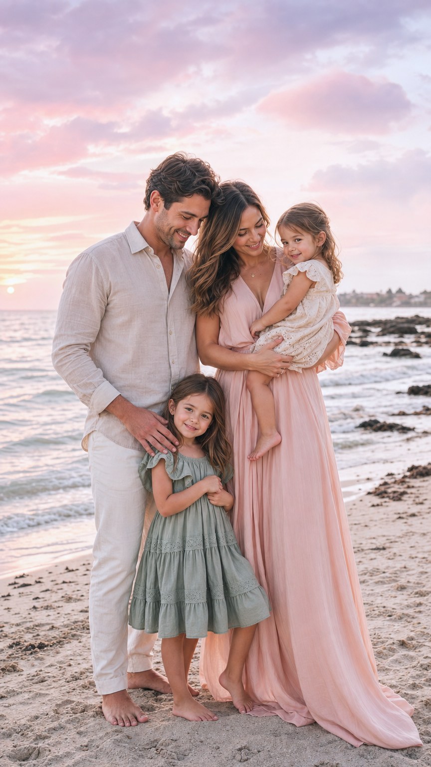 Family in blush, sage and coral pastel beach outfits under a soft sunset sky