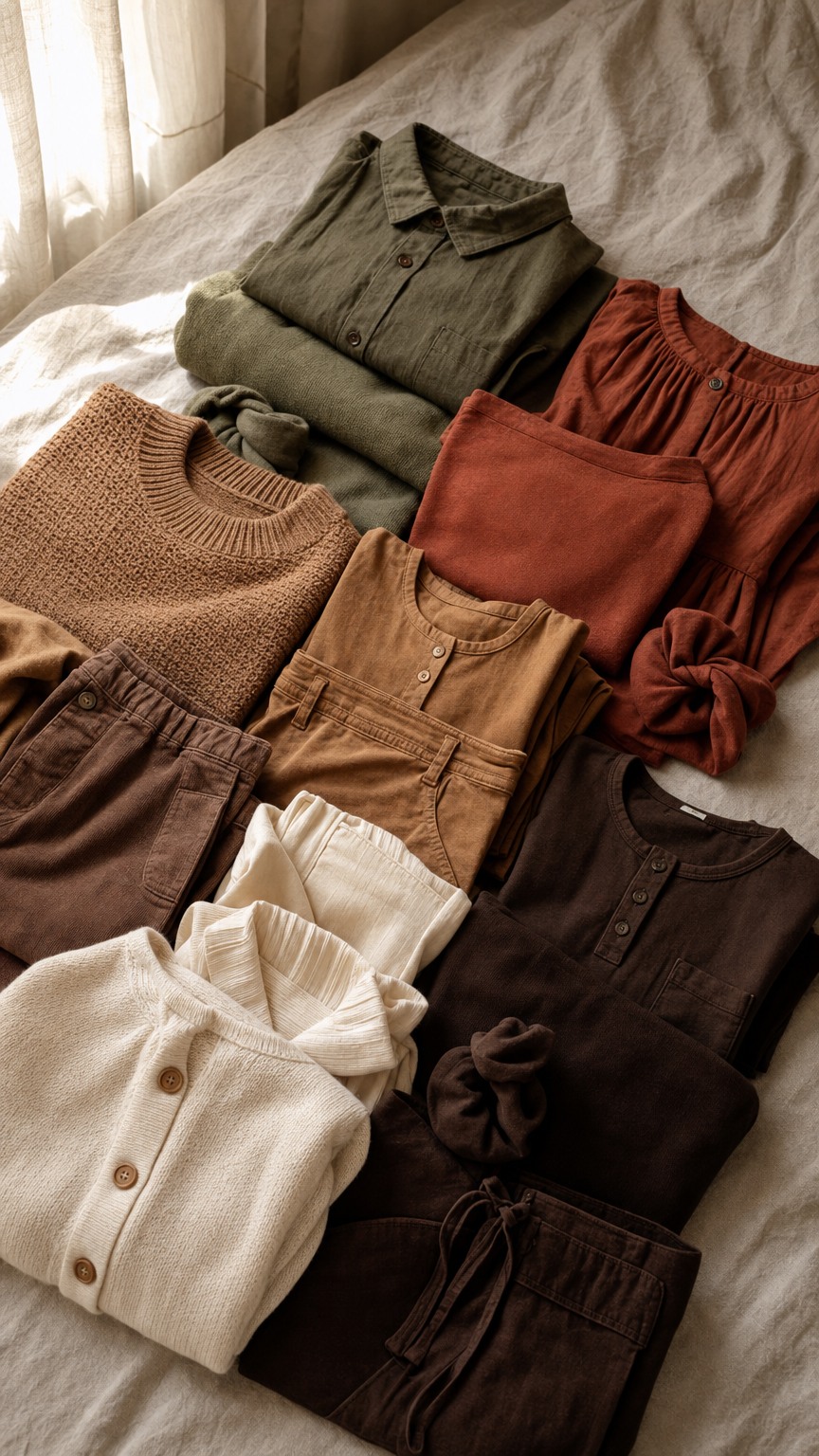 Flat lay of olive, rust, camel, and cream clothing arranged by earth tone shade