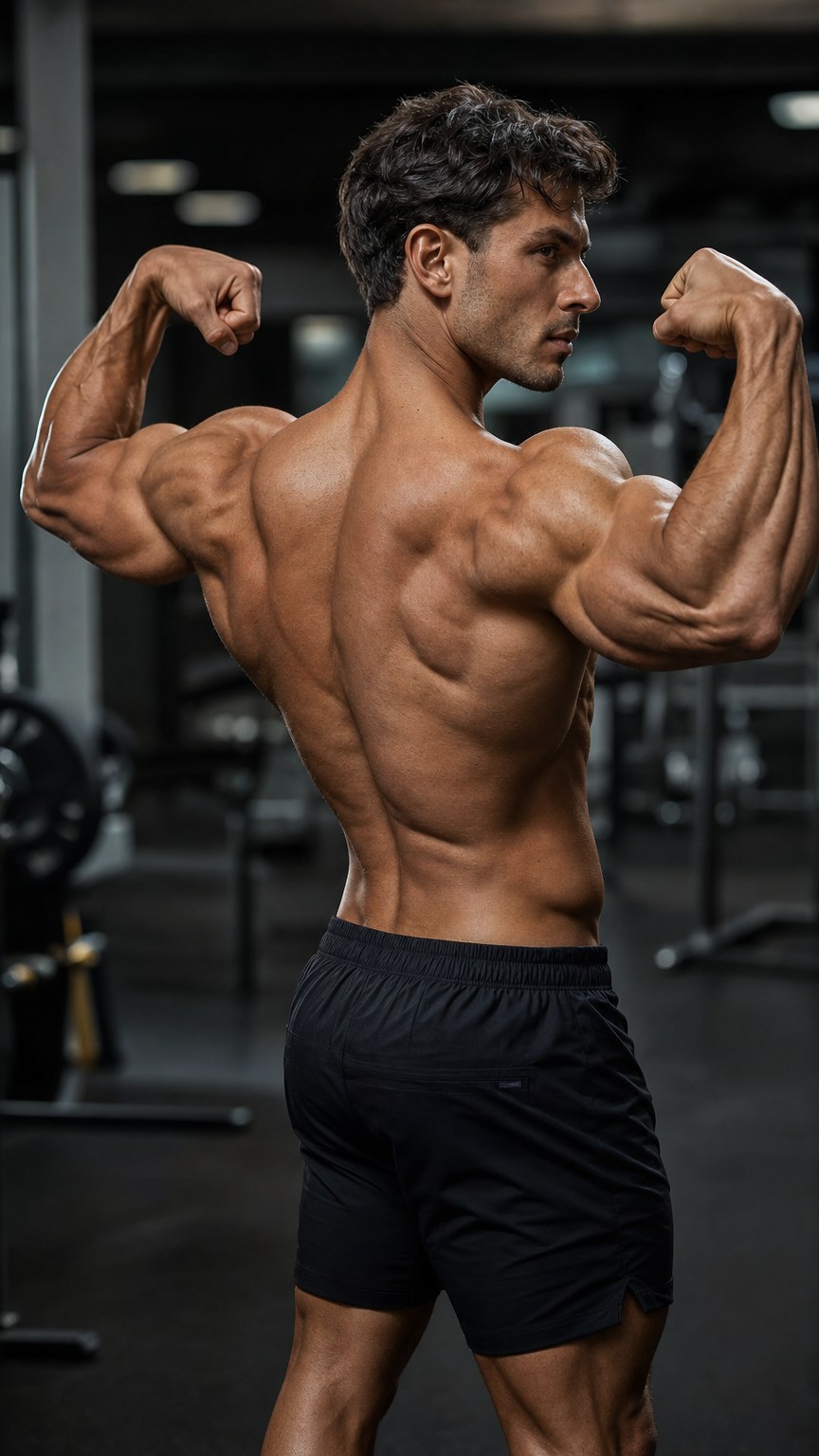 Man posing to show back and chest definition in the gym