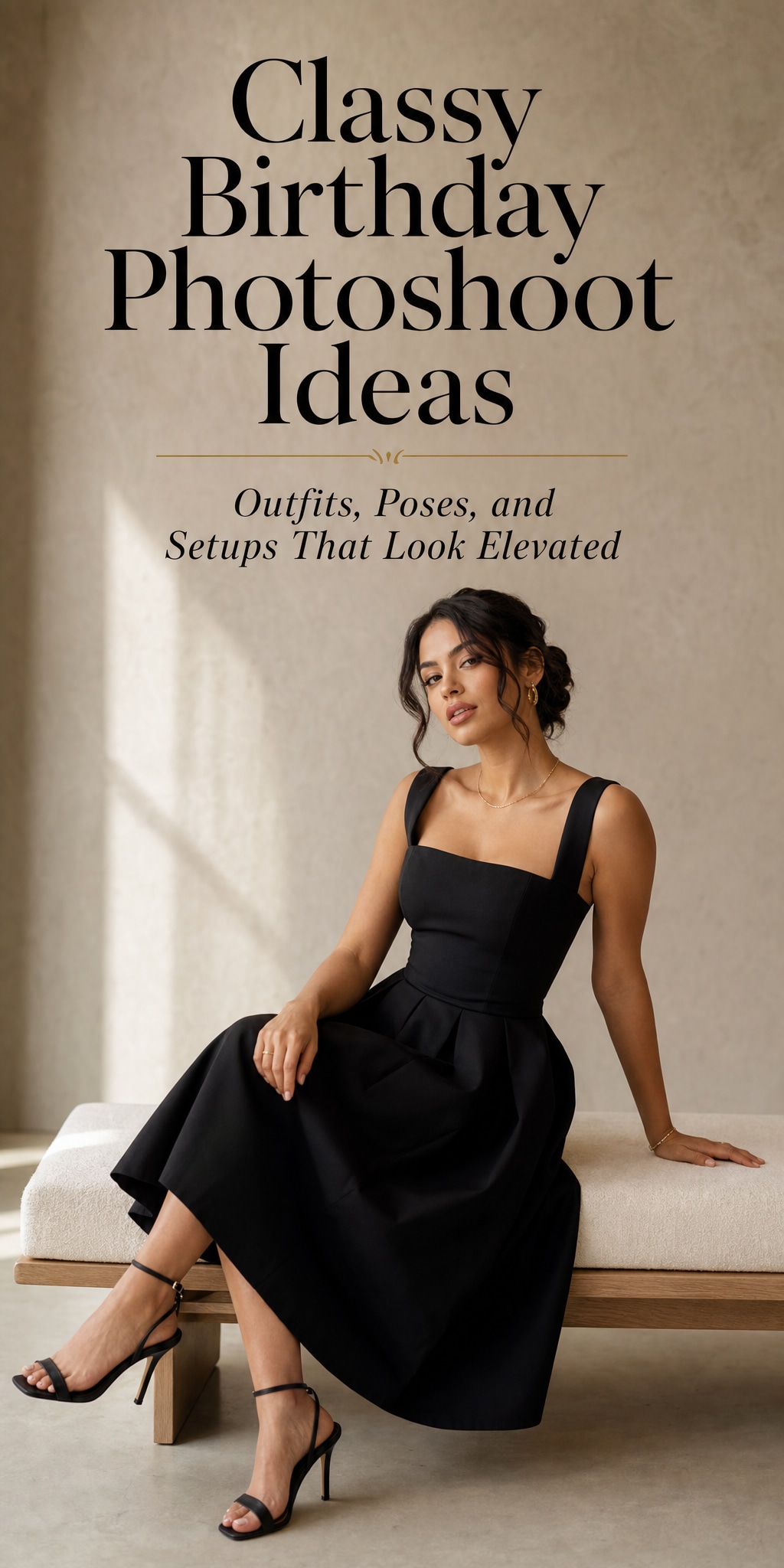 Woman in a black midi dress posed elegantly in a neutral studio, classy birthday photoshoot ideas