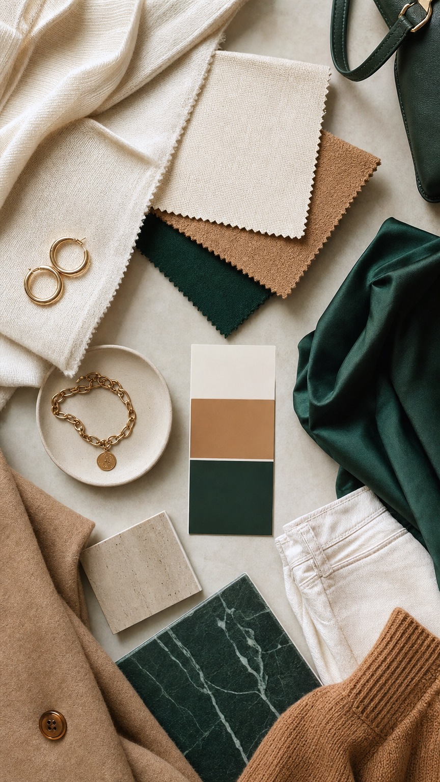 Flat lay of cream, camel, and emerald fabric swatches for a classy birthday color palette