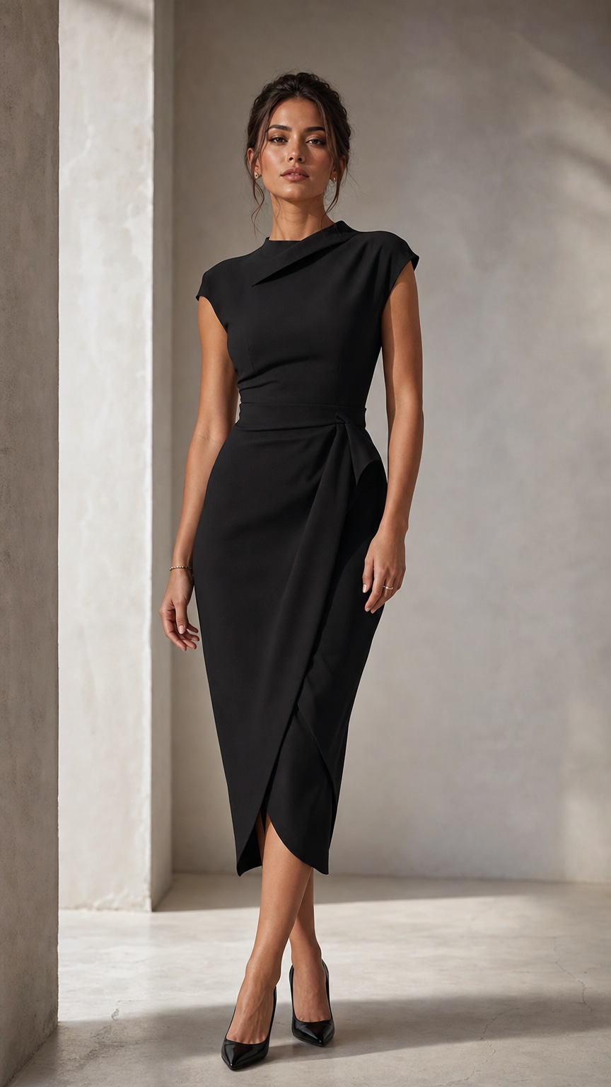 Woman in a structured black midi dress standing in a softly lit studio, classy outfit idea