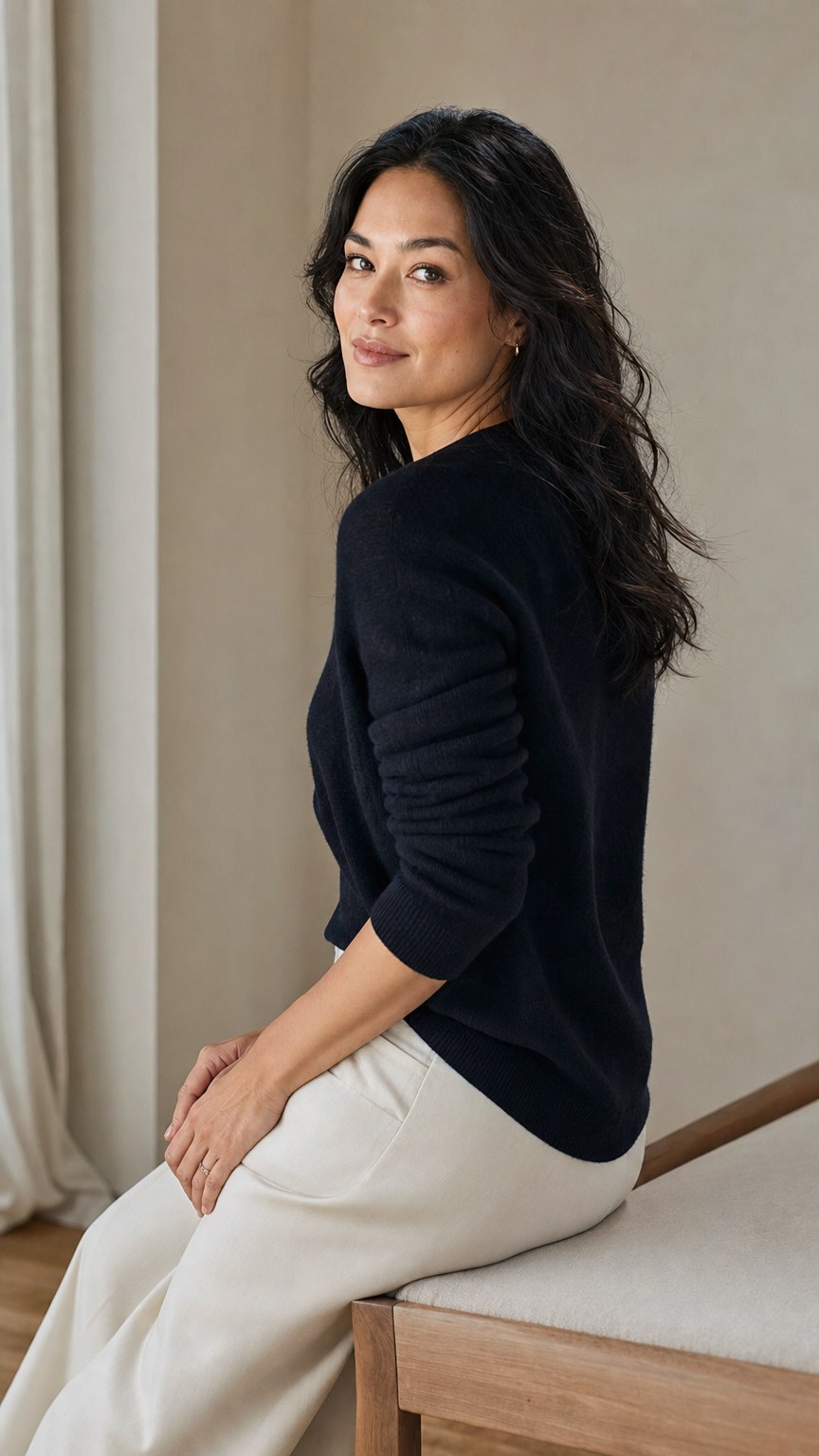 Woman seated in a three quarter turn pose, classy birthday photoshoot posing idea