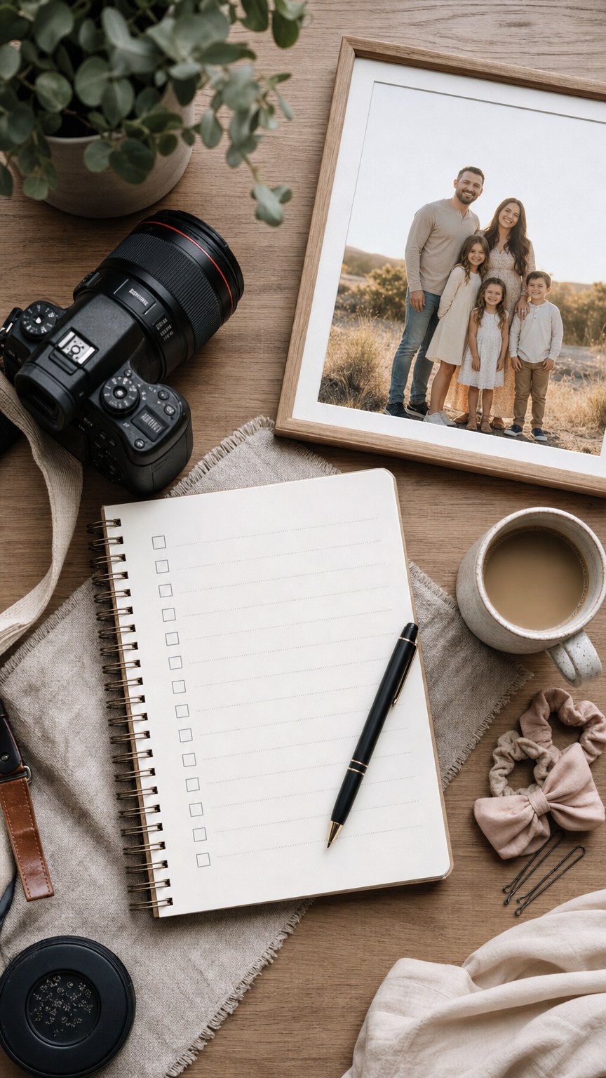 Notebook checklist beside a camera and framed family photo, shoot day preparation