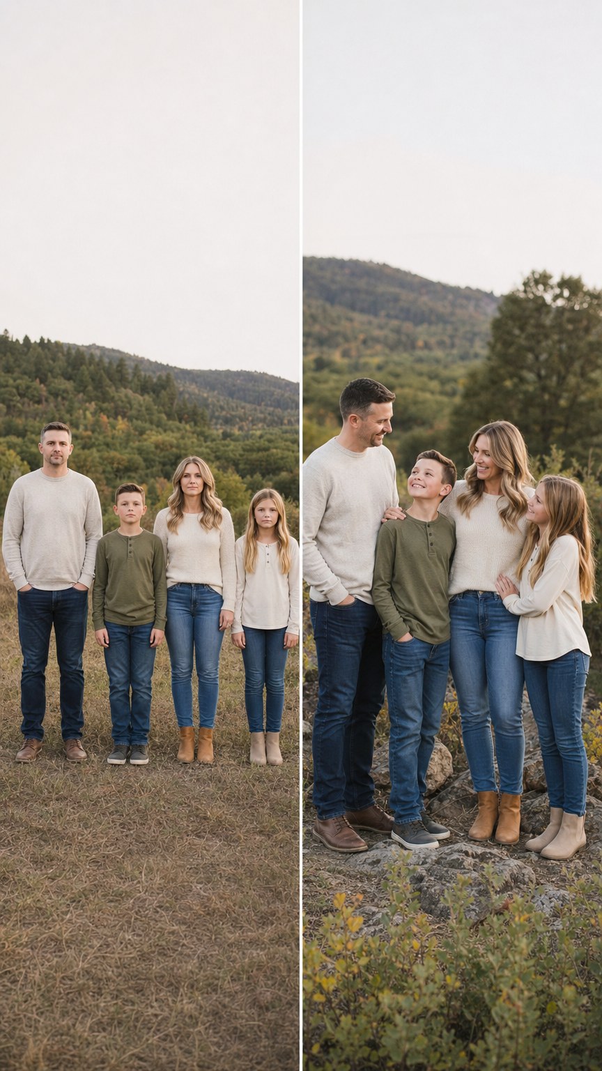 Family transitioning from a stiff lineup pose to a relaxed staggered pose