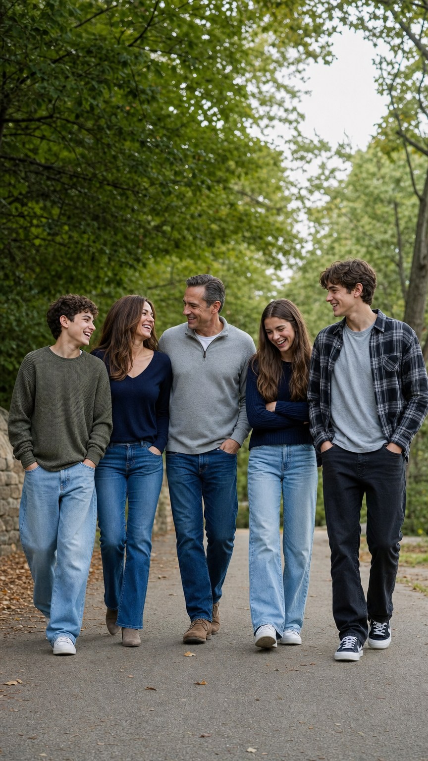Family walking and talking together on a path, family photo pose with older kids and teens