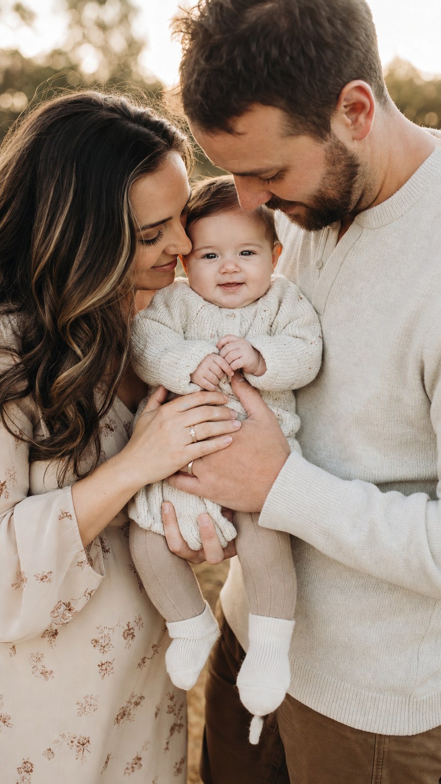Parents holding baby between them outdoors, family photo pose with a baby