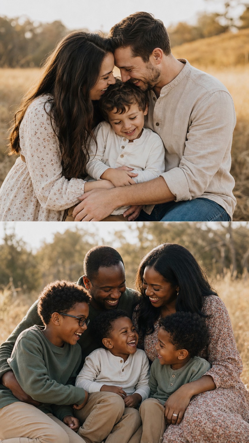 Small family huddled close together outdoors in a warm family photo pose