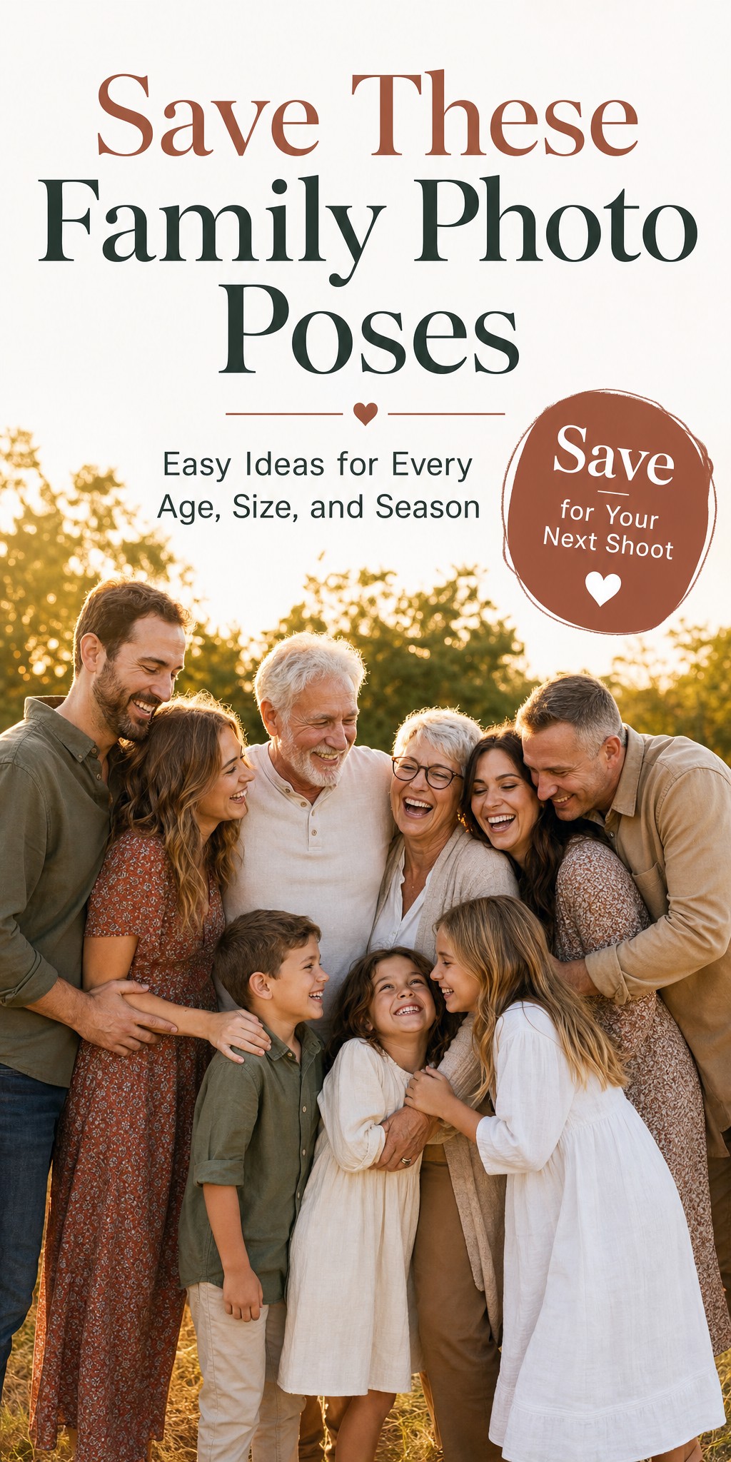 Big family group hugging and laughing together at golden hour, family photo poses guide