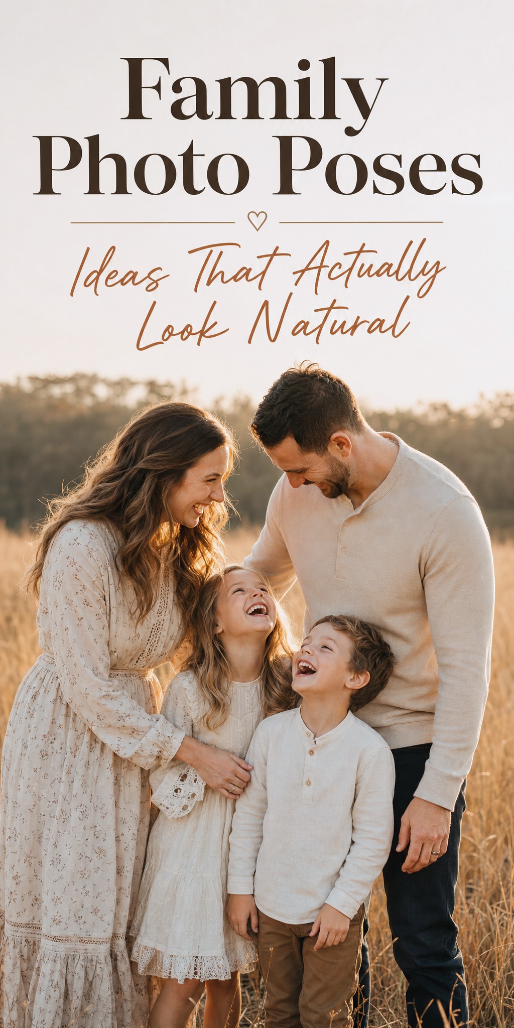 Family laughing together in a golden field, family photo poses guide