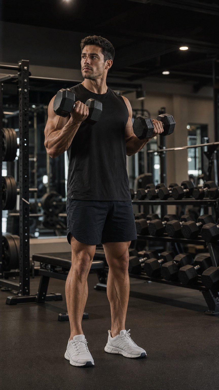 Man holding dumbbells mid curl, gym dumbbell poses for men