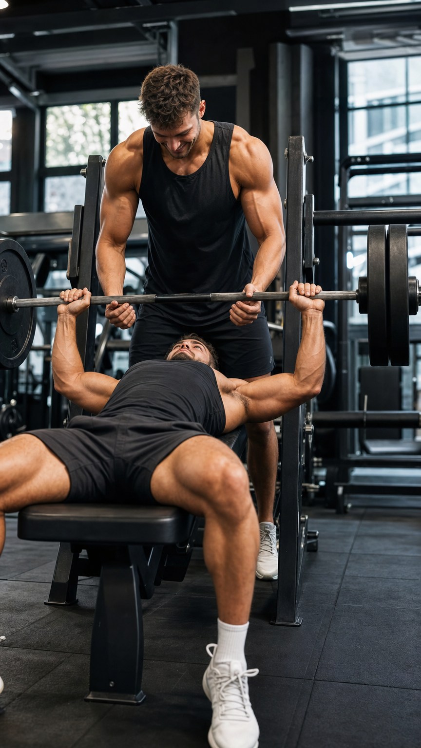 Two men posing together in the gym, gym duo poses for men