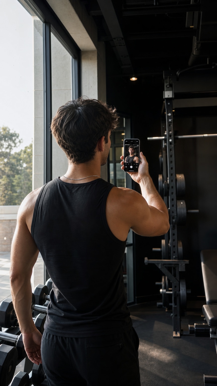 Man using window light in a gym to take a photo with his phone