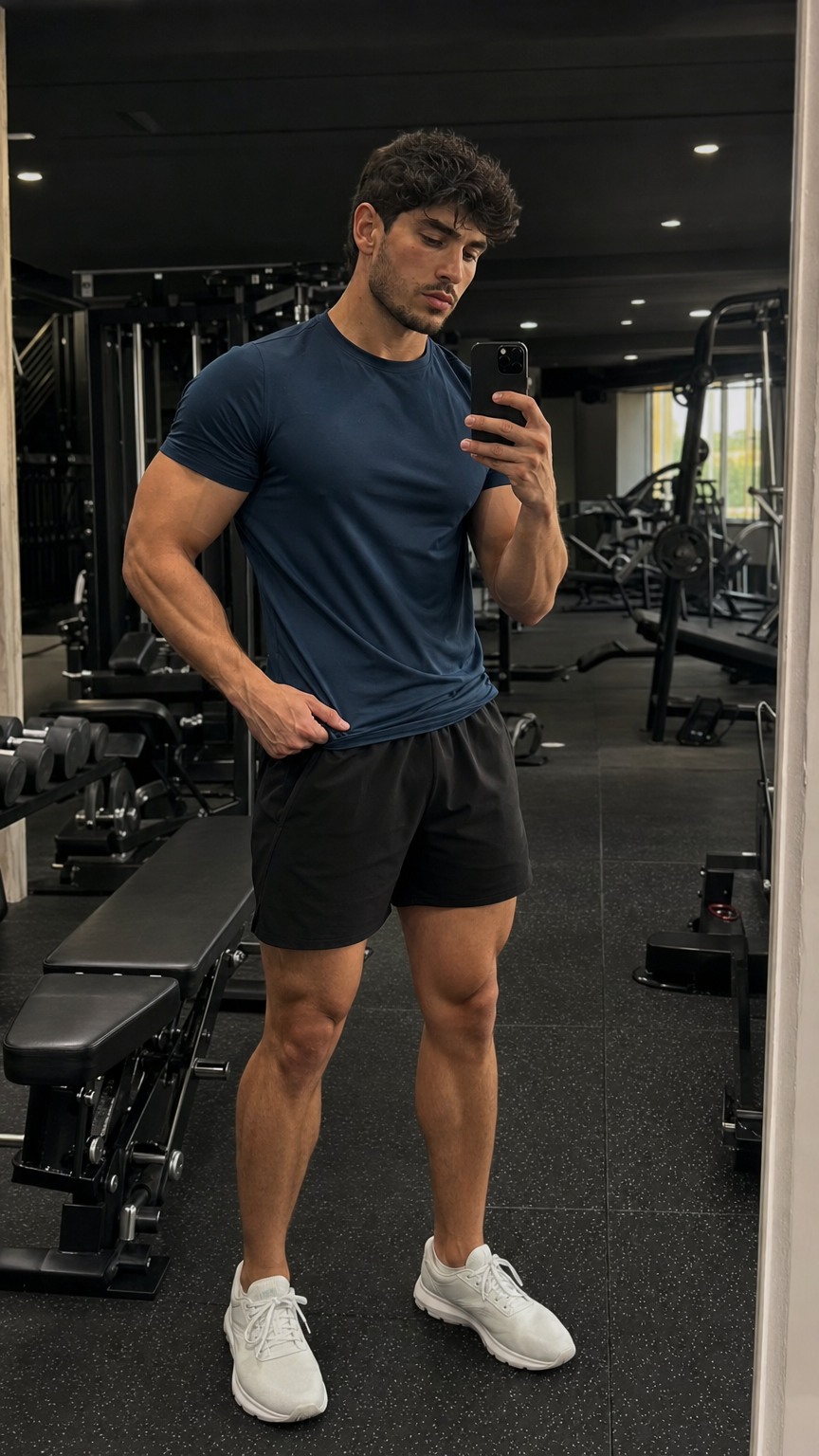 Man posing in front of a gym mirror, gym mirror poses for men