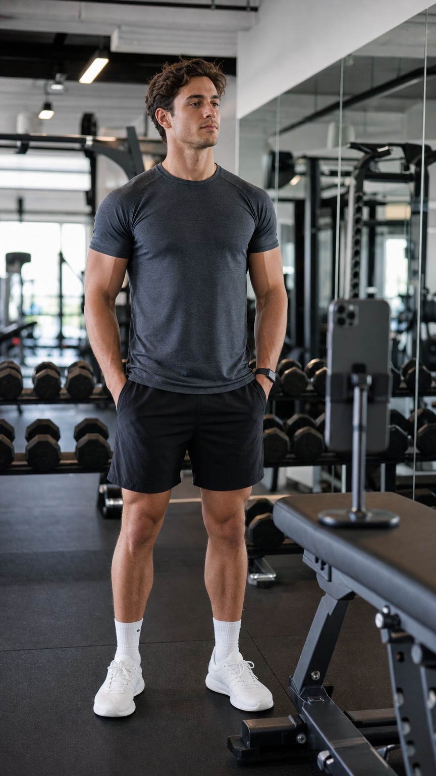 Man demonstrating relaxed confident posture in a gym for photos