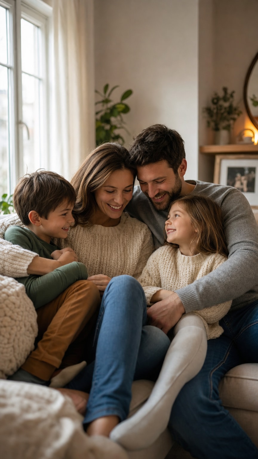 Family gathered close together on a couch near a bright window, indoor family photo pose